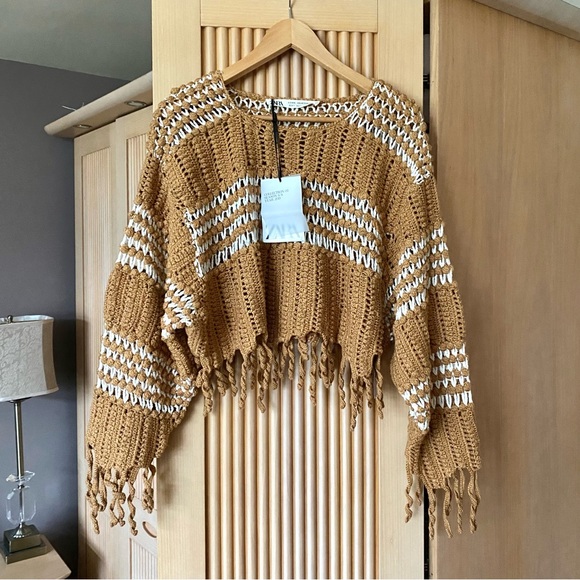 Zara studio crochet knit fringed two tone sweater honey tan - Picture 5 of 11
